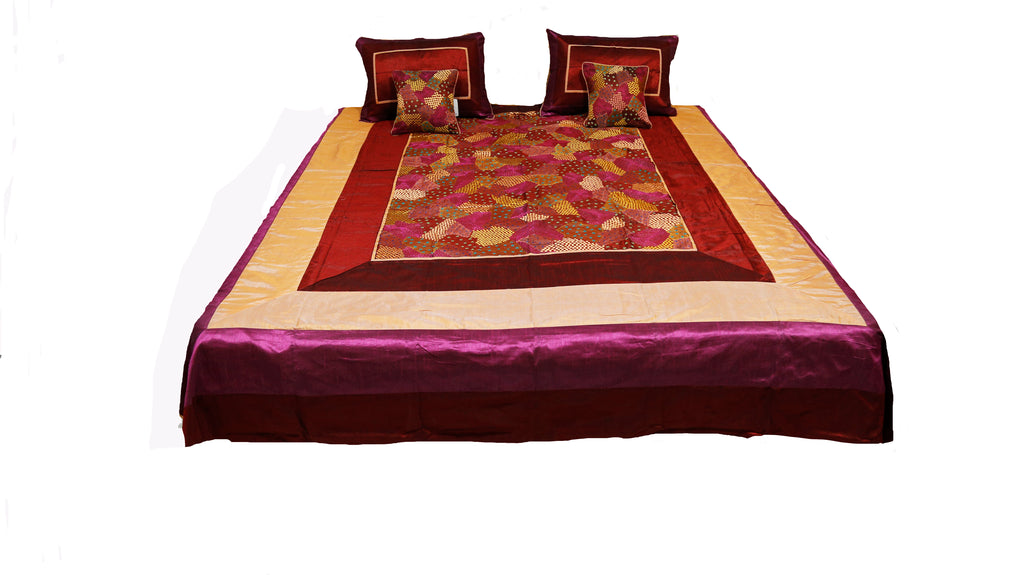 Dupion Embroidery Patch Double Bedcover with Pillow Cover and Cushion Covers