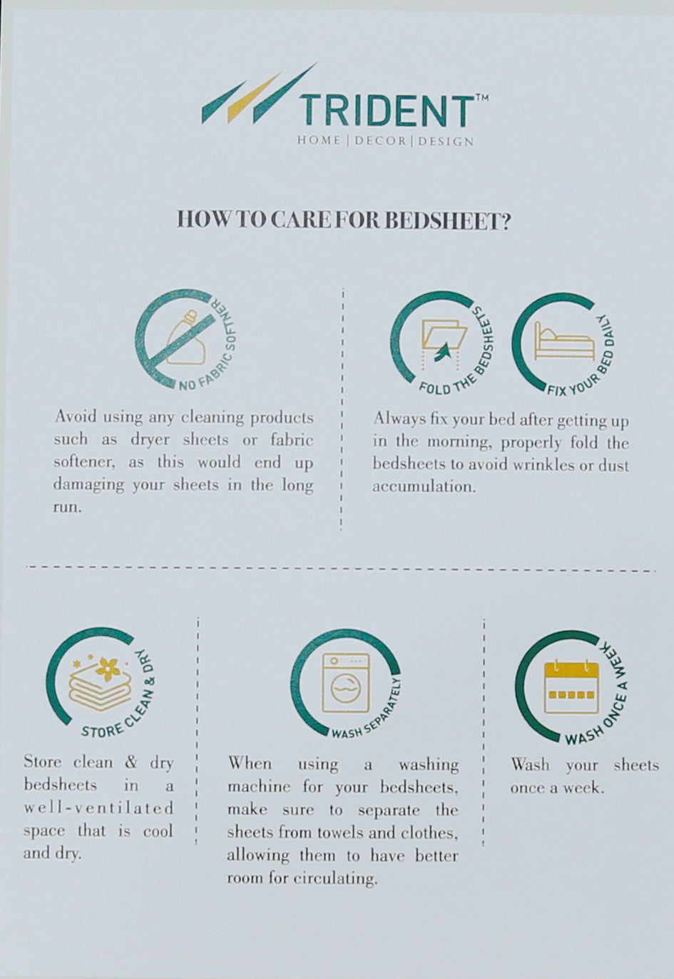 Trident bedsheet care instruction card with washing and drying guidance