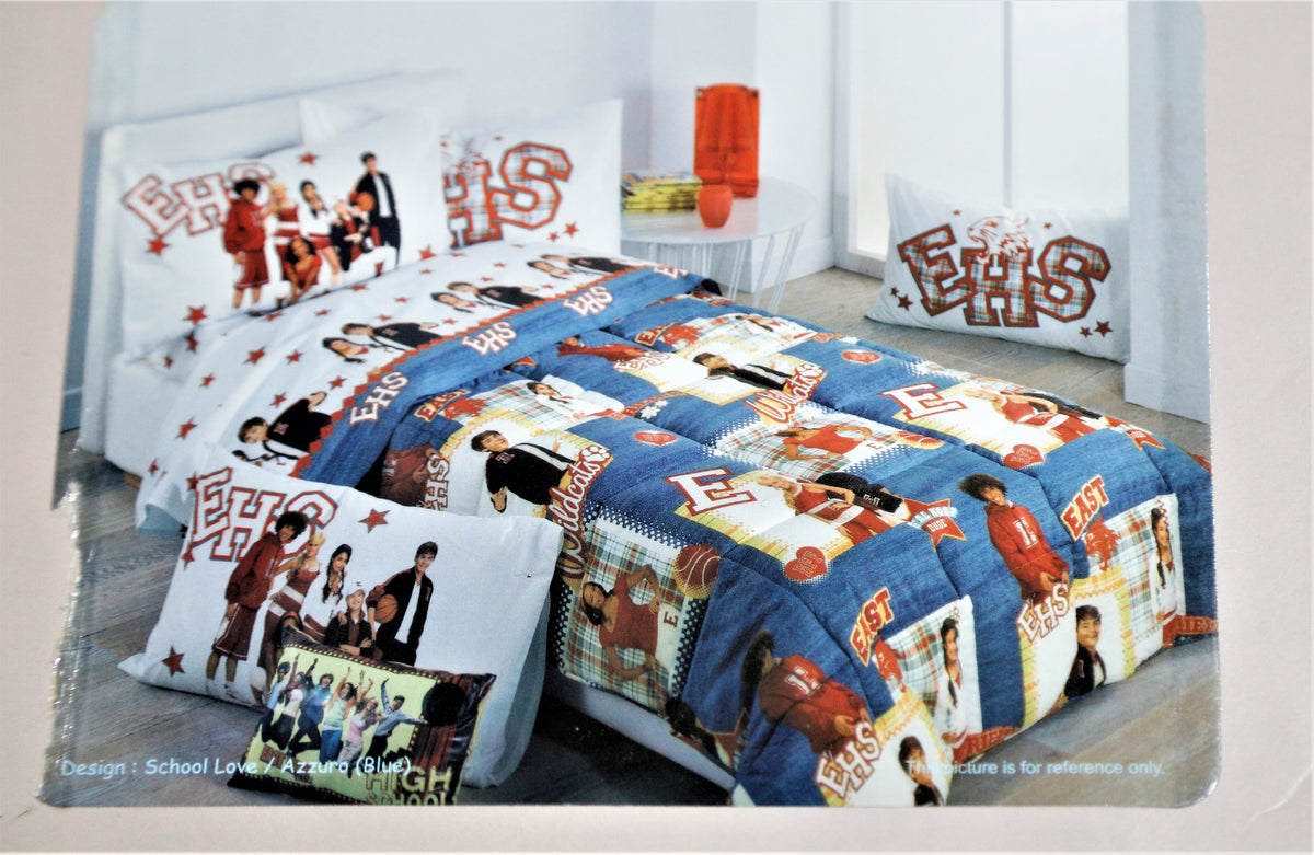 Denim-blue High School Musical Wildcats printed bedsheet set with matching pillow cover, for a kids' bed