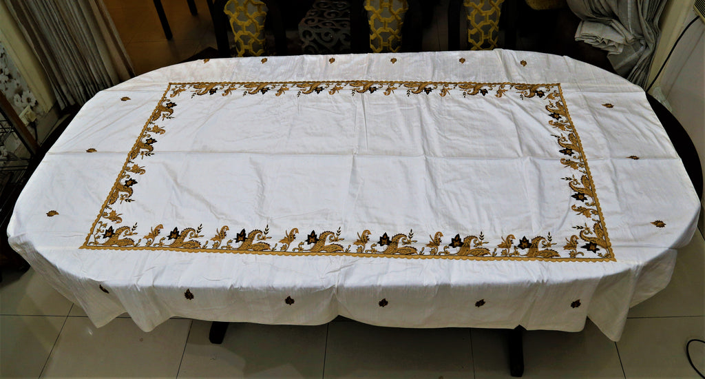 Embroidery(60x90 Inch)Table Cover(Cream/Golden)-Silk - Jagdish Store Online Since 1965