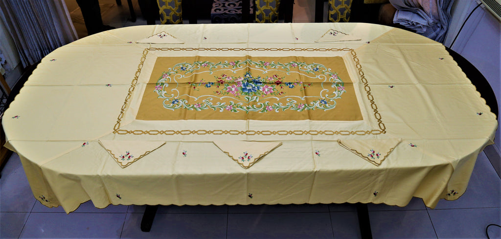 Embroidery(60x90 Inch)Table Cover Set-(7Pcs set)(Golden/Green)-Polyester - Jagdish Store Online Since 1965