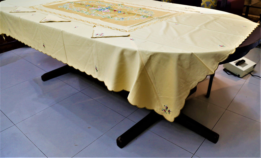 Embroidery(60x90 Inch)Table Cover Set-(7Pcs set)(Golden/Green)-Polyester - Jagdish Store Online Since 1965