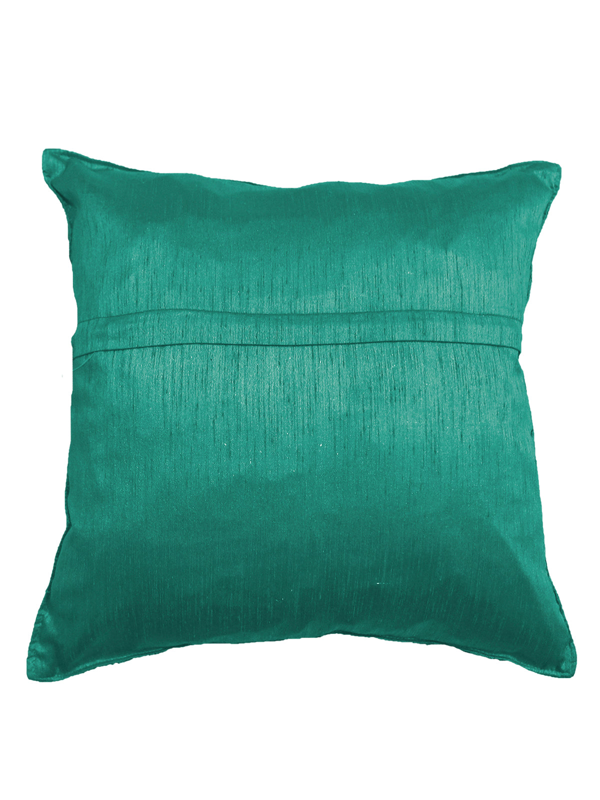 Plain teal dupion silk reverse of the geometric cushion cover