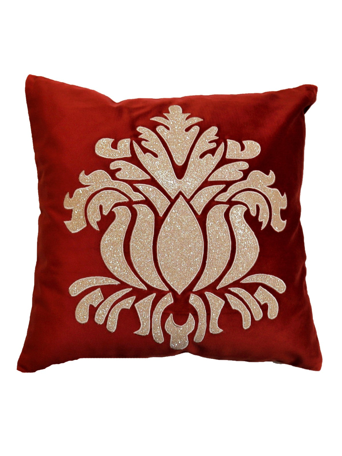 Red velvet cushion cover with a large cream damask crest appliqué at the centre