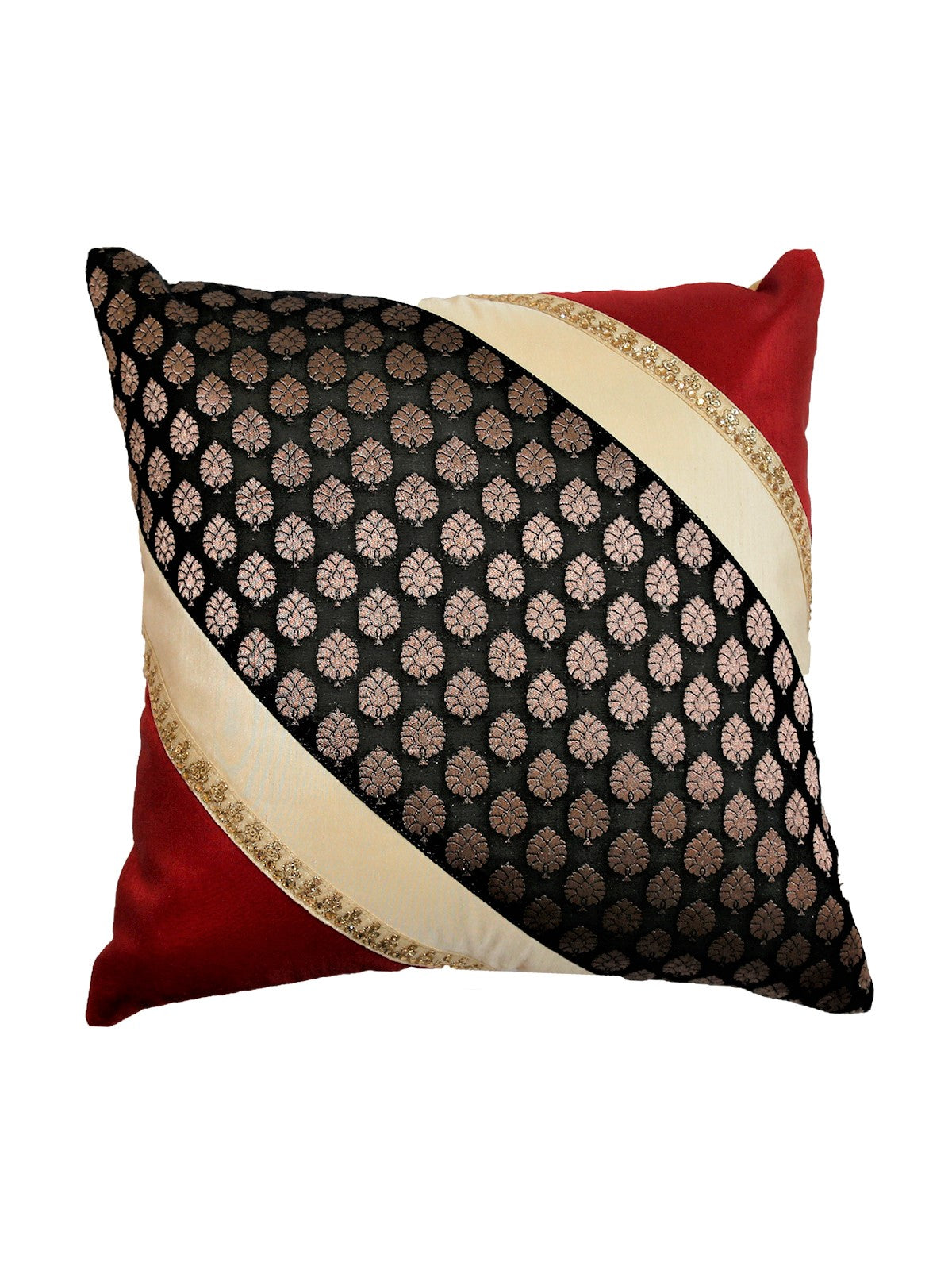 Red silk cushion cover with a diagonal black and gold brocade band and zari trim