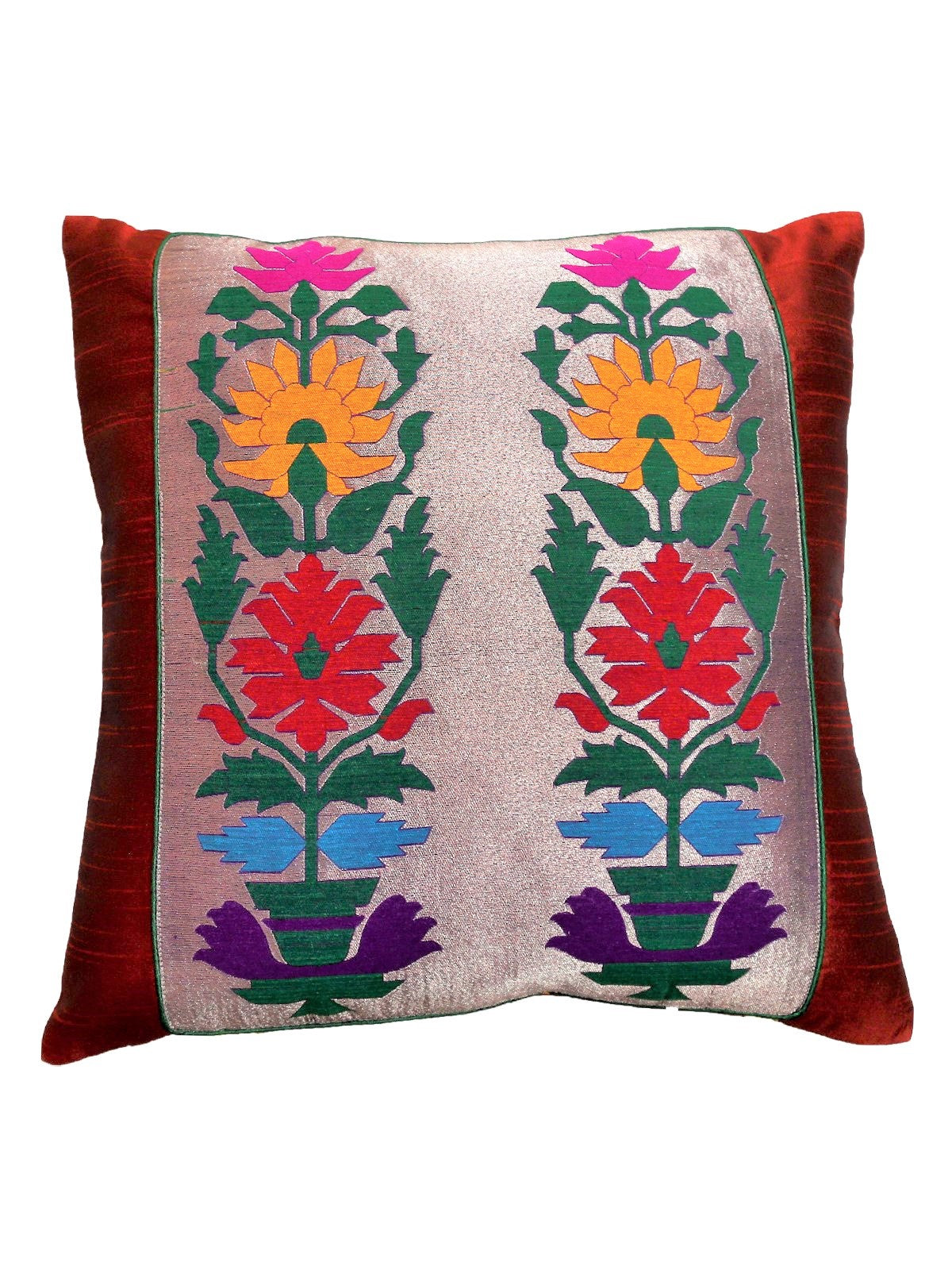 Red dupion silk cushion cover with a silver brocade panel of multicoloured flowering vines