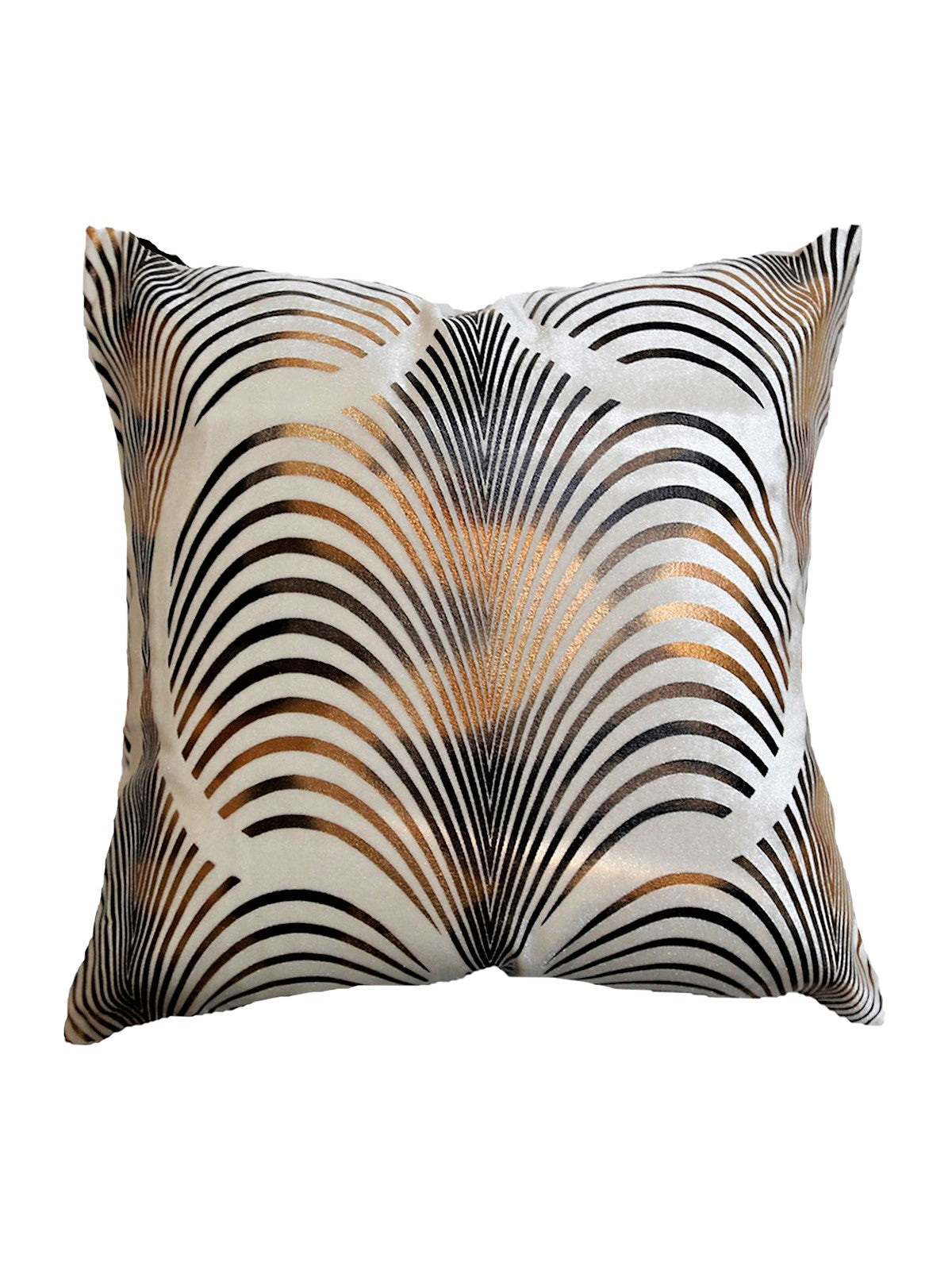 Cream velvet cushion cover with a black and gold foil printed fan arch design