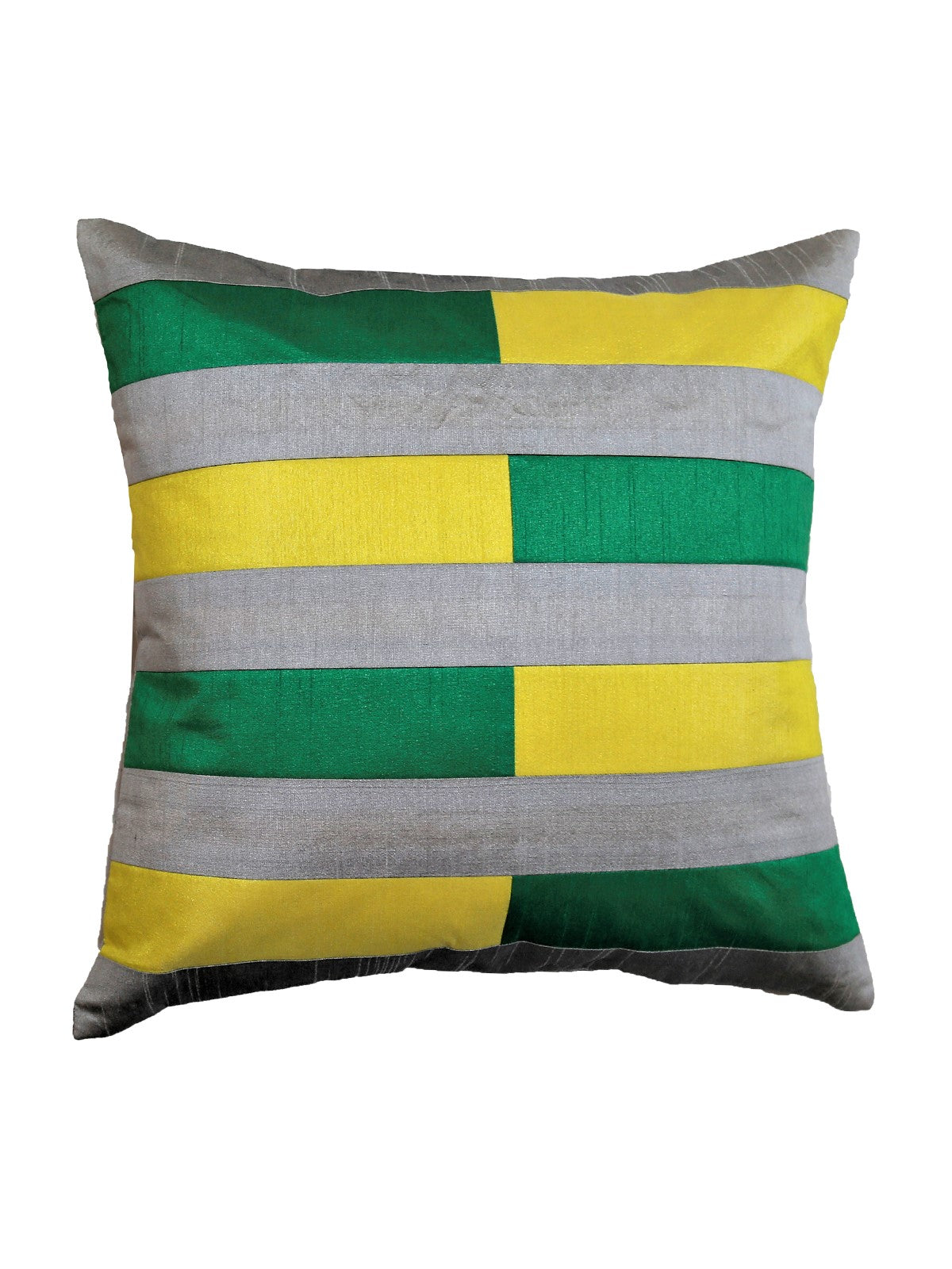 Grey, green and yellow pieced patchwork cushion cover in blocks of colour