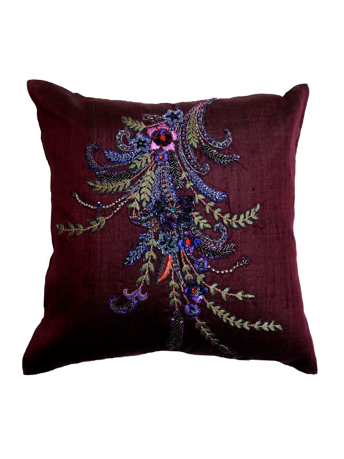 Deep plum cushion cover with a tall beaded and sequinned floral spray