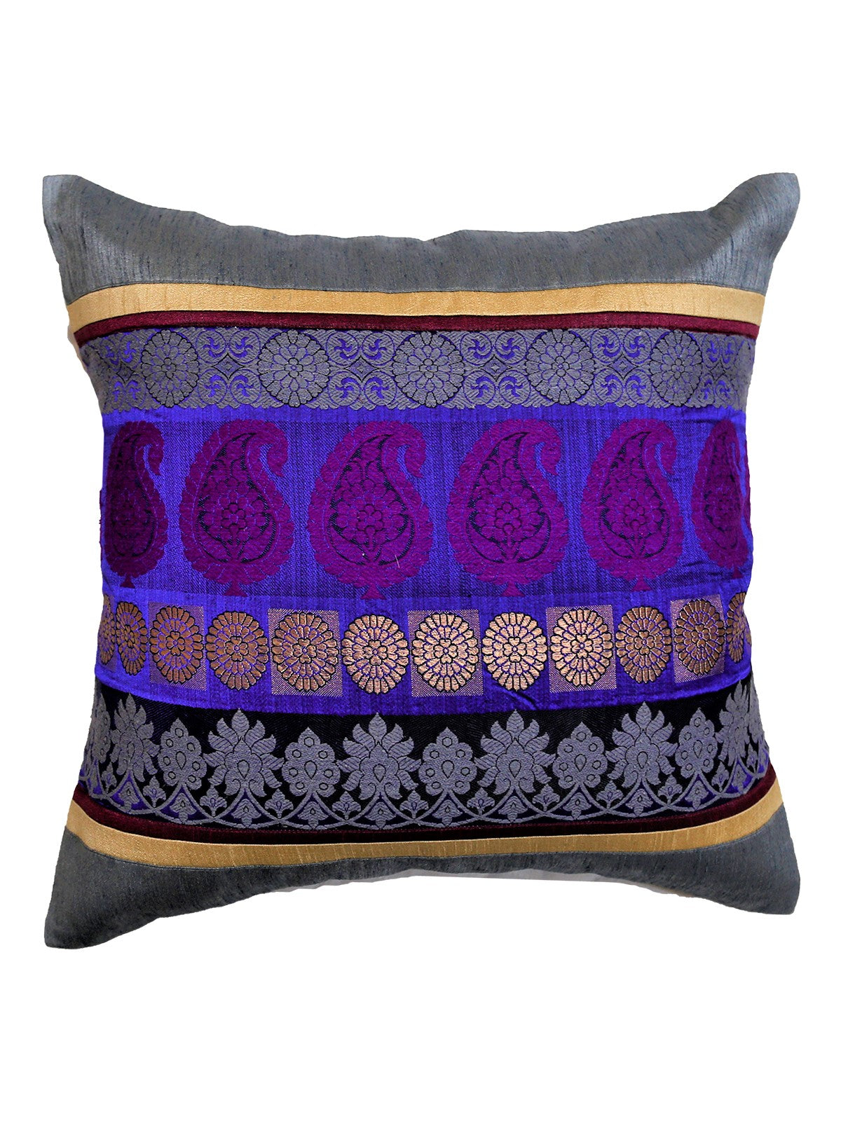 Grey dupion silk cushion cover with a banarasi brocade band in purple and gold
