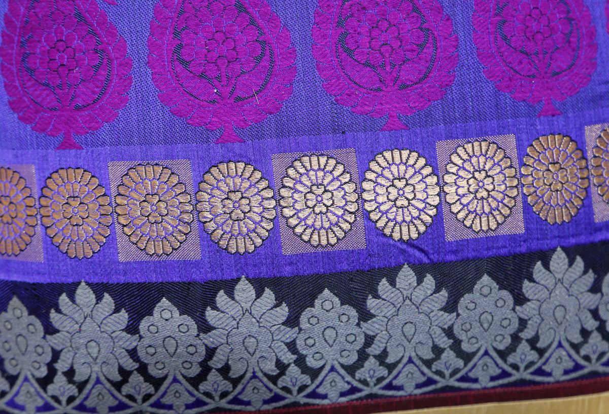 Close up of the purple, magenta and gold banarasi brocade band