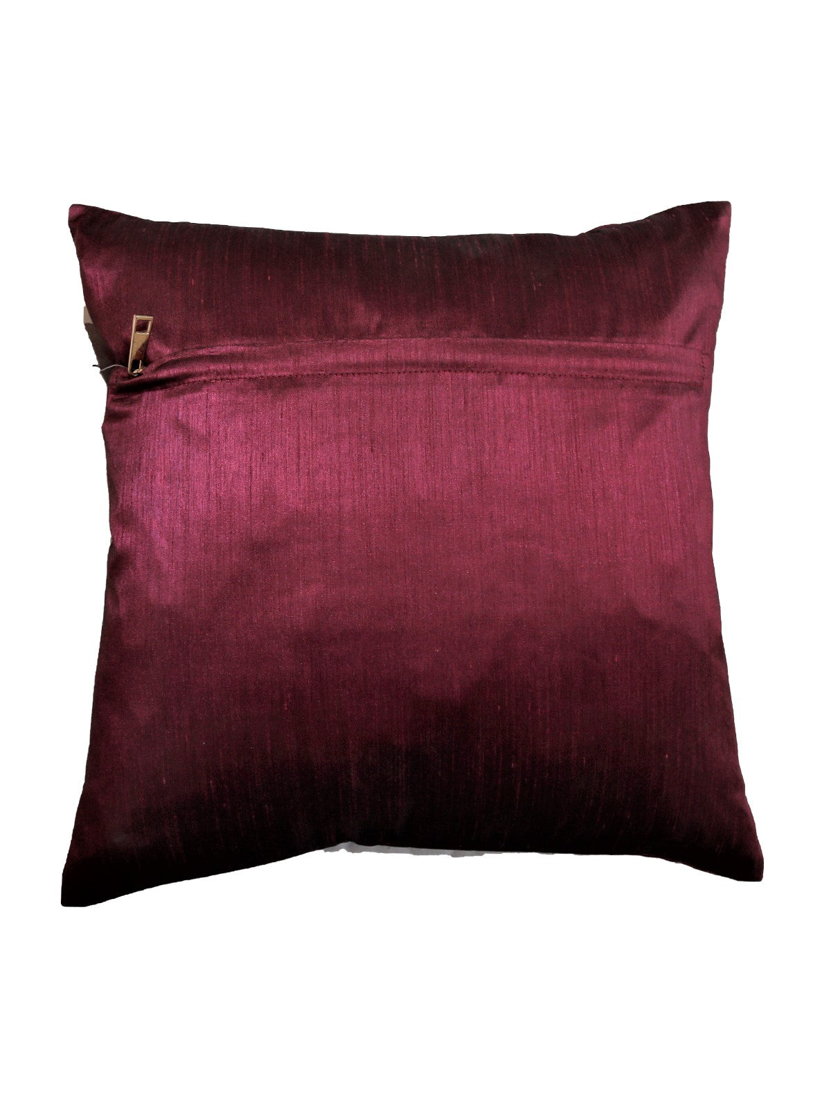 Plain plum poly silk reverse of the coral appliqué cushion cover