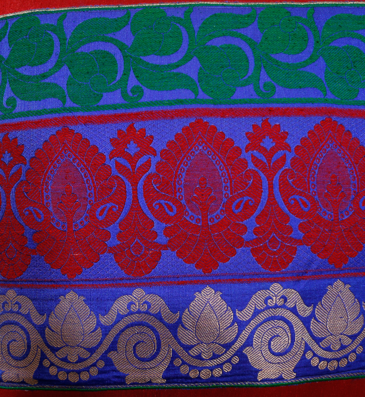 Close-up of the green, blue and silver banarsi brocade bands