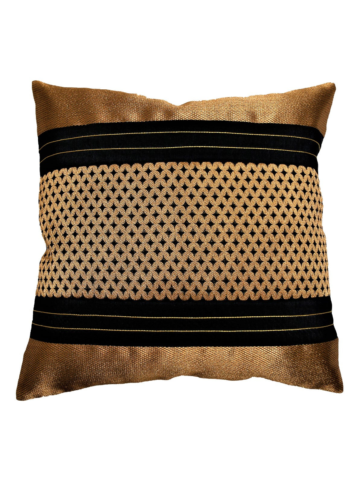 Black cushion cover with a gold woven brocade lattice band and metallic gold panels