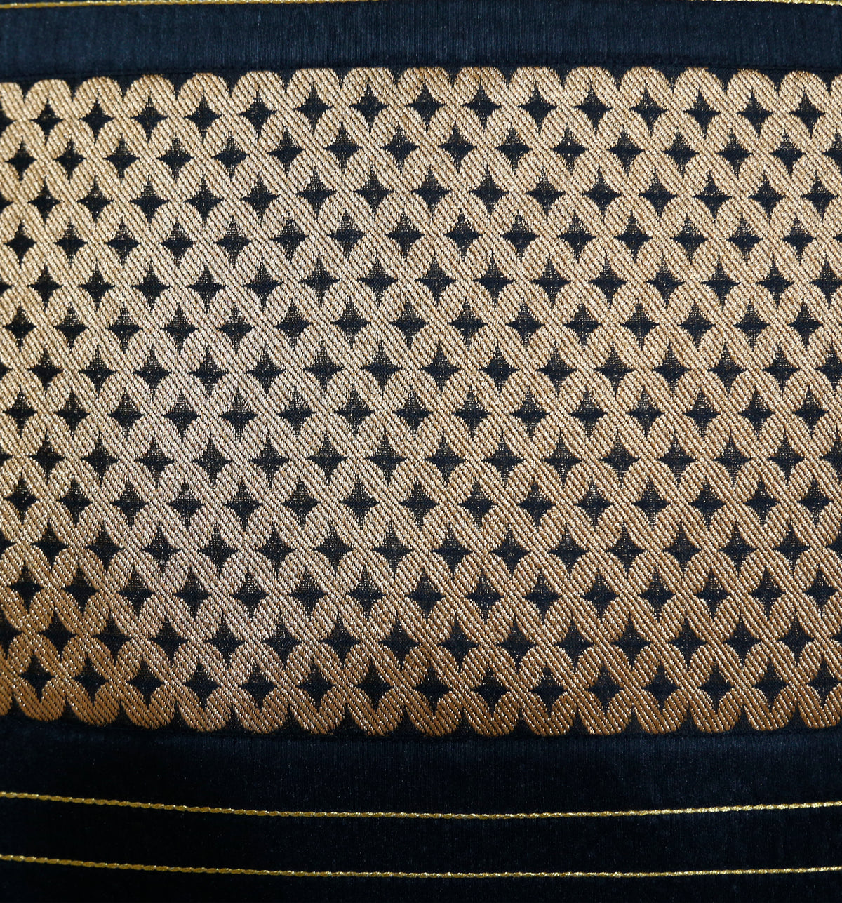 Close-up of the gold lattice brocade weave on black silk