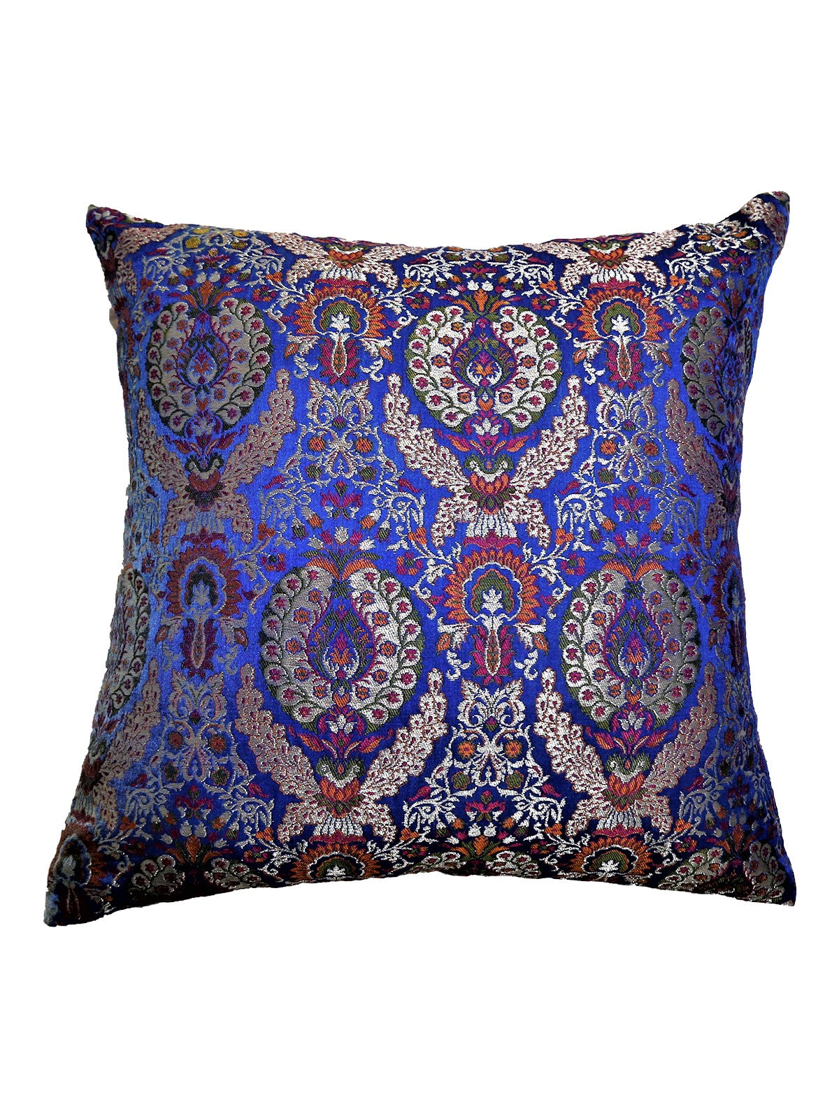 Royal blue brocade cushion cover woven with dense multicolour floral medallions