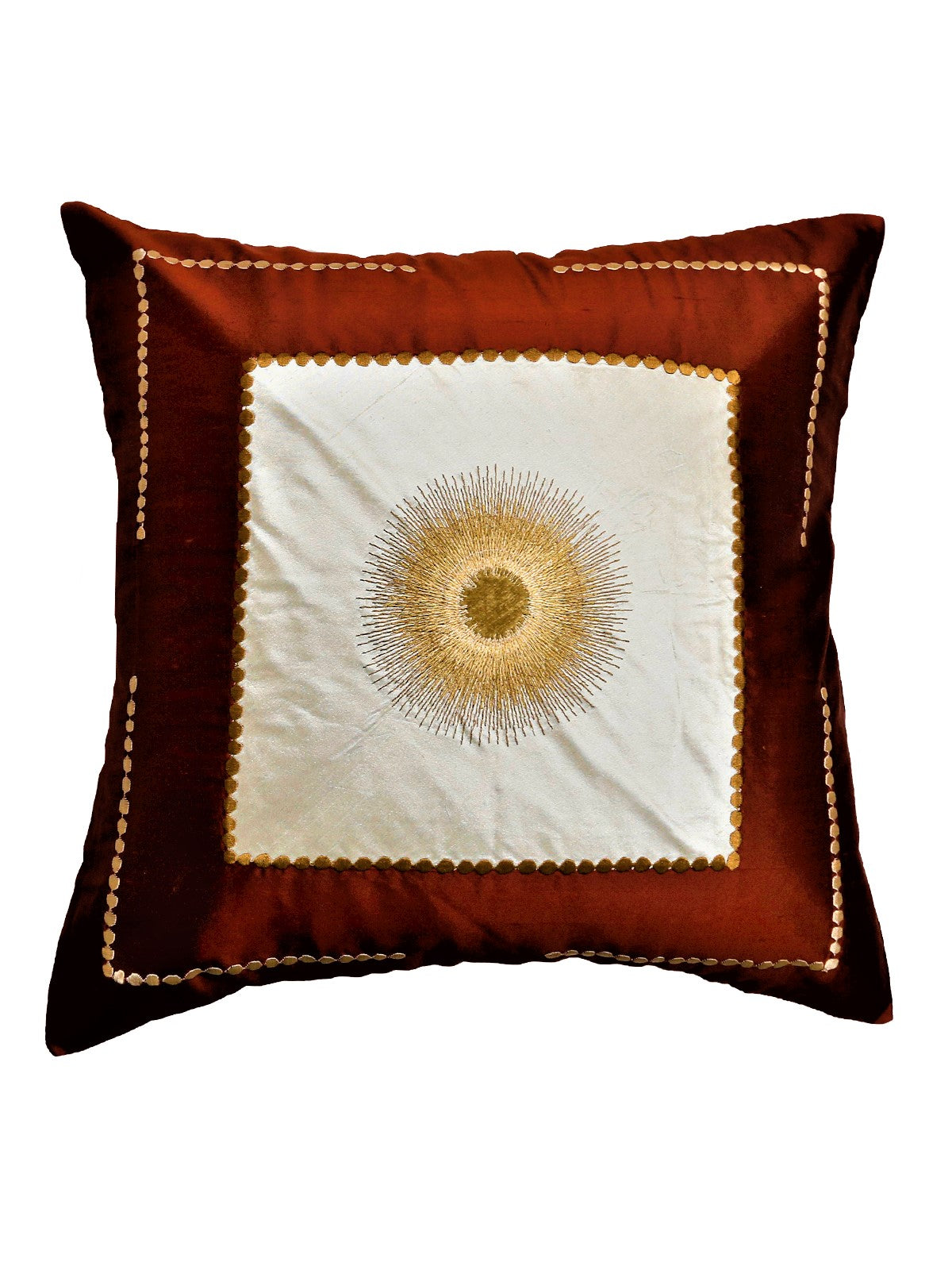 Rust silk cushion cover with an ivory centre panel and gold sunburst embroidery, gold bead trim