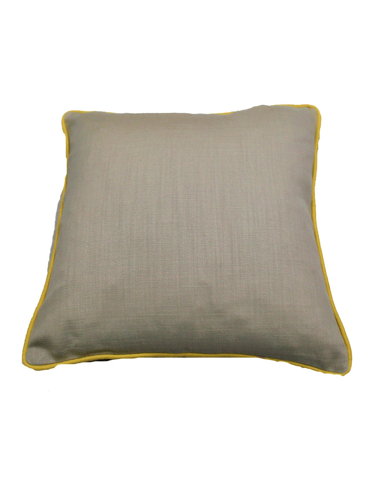 Reverse side of the same grey cotton cover, also piped in yellow
