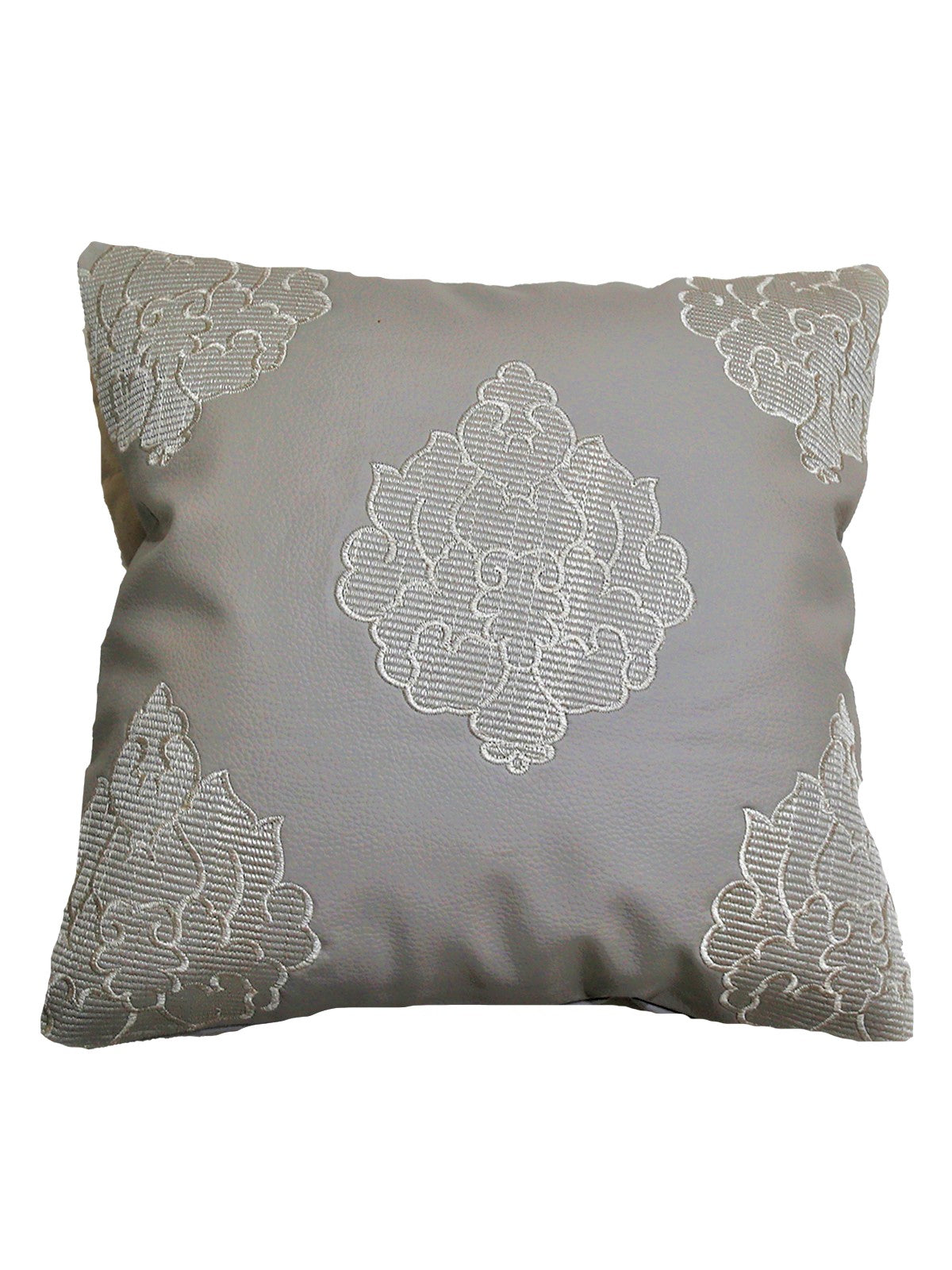 Grey faux leather cushion cover with a cream damask medallion embroidery