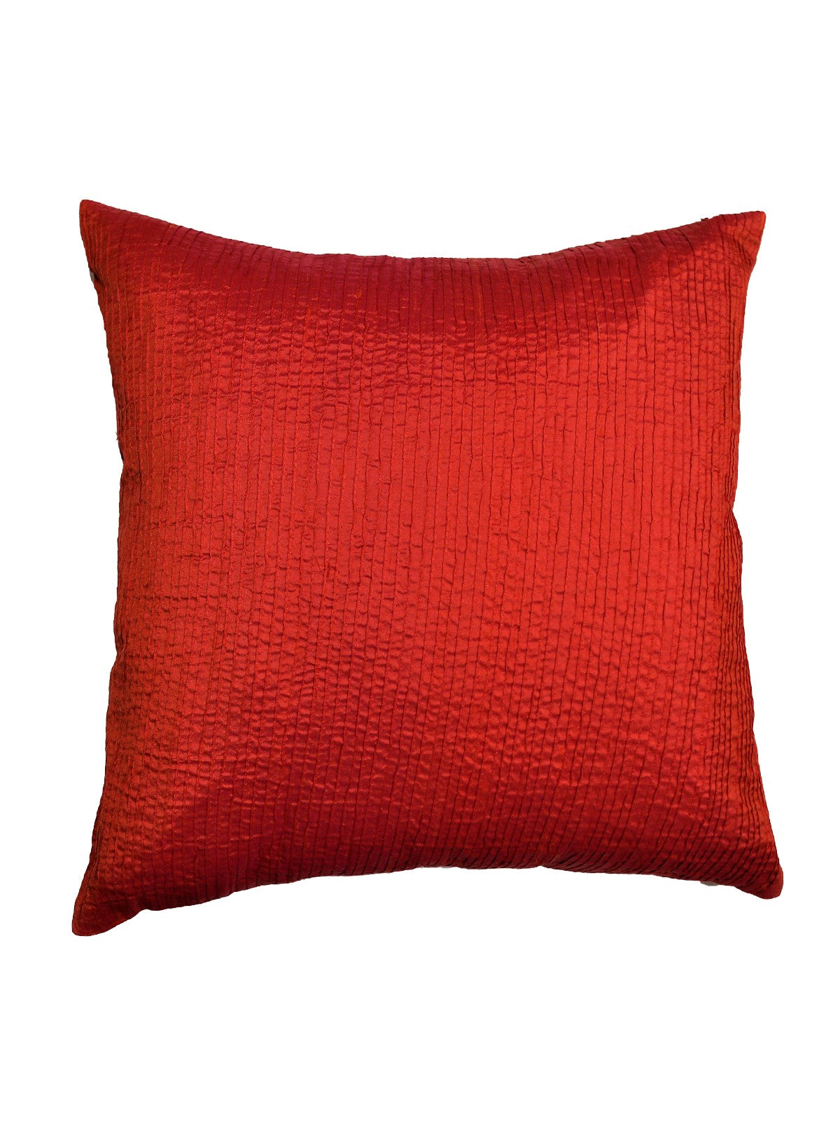 Rust-red polysilk cushion cover with a fine pintuck crinkle texture
