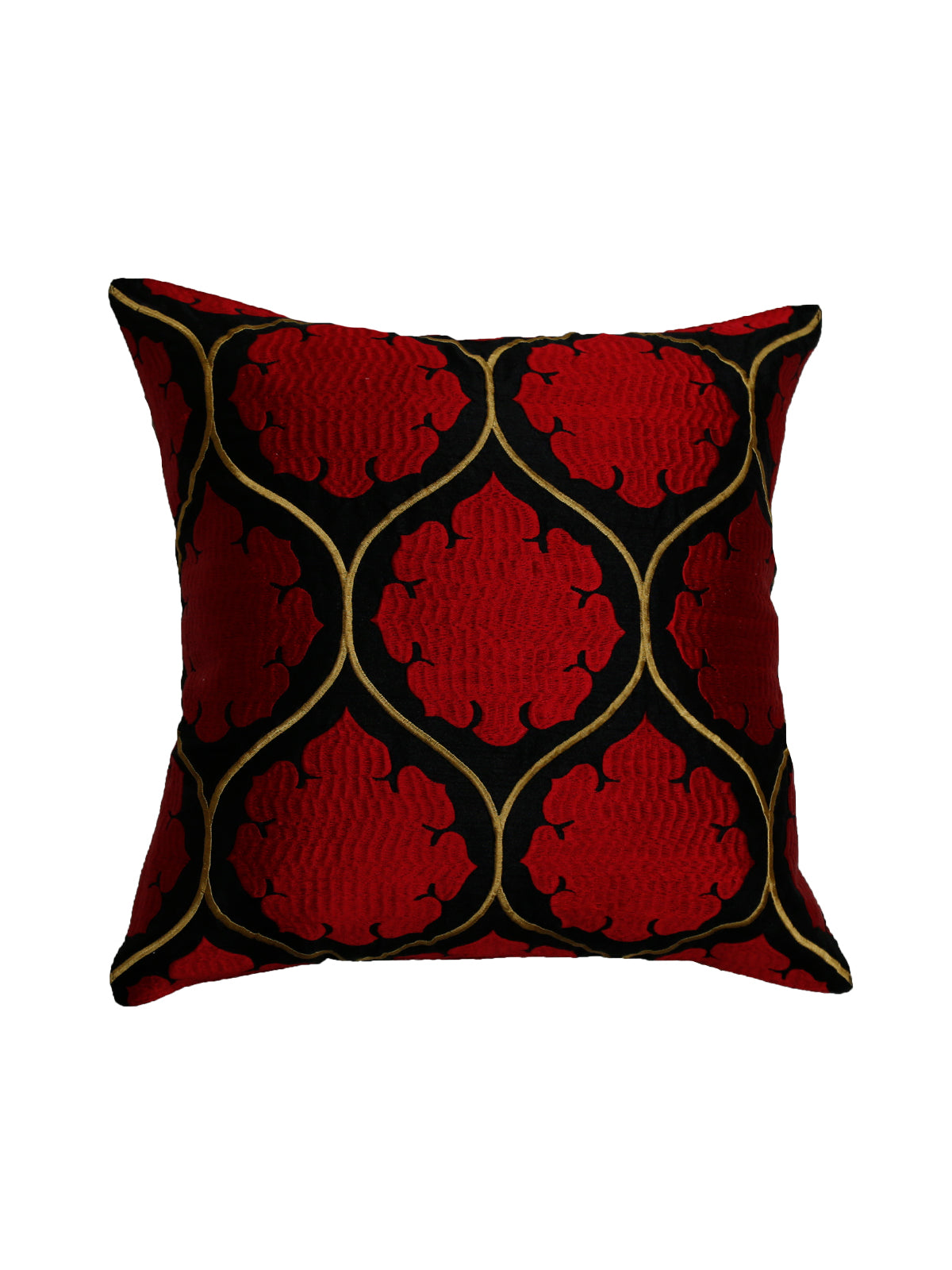 Red and black ogee trellis pattern cushion cover with gold embroidered outlines