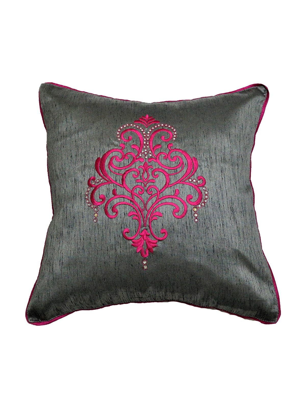 Charcoal-grey cushion cover with a magenta-pink embroidered scroll medallion and crystal beading, magenta piping