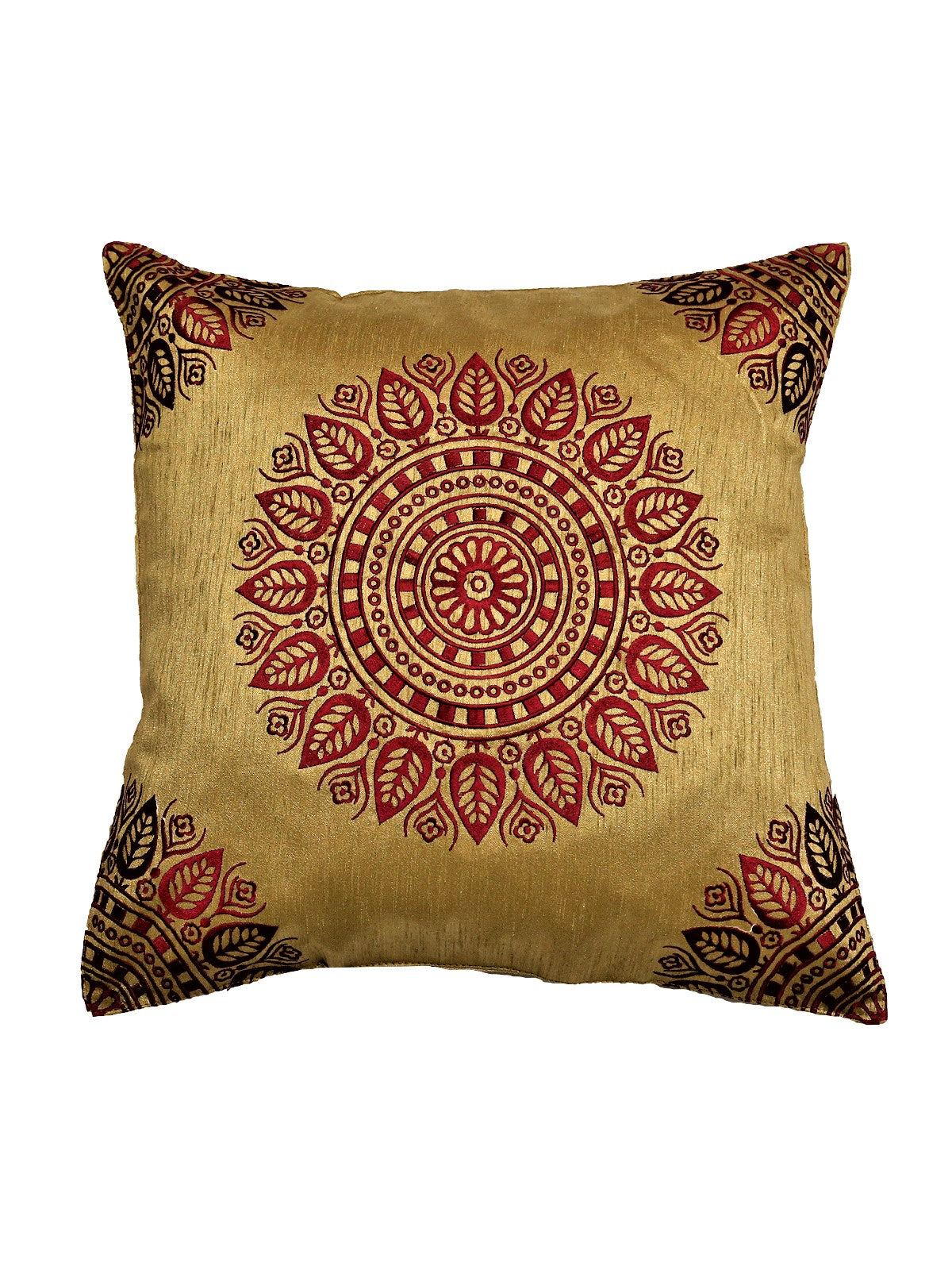 Gold cushion cover with a maroon and black sunburst mandala pattern