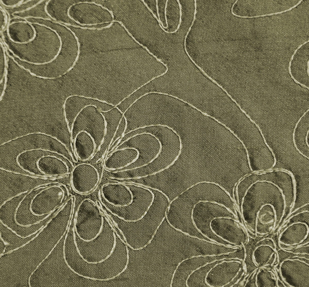 Moss-green silk upholstery fabric with a tone-on-tone embroidered swirling floral vine