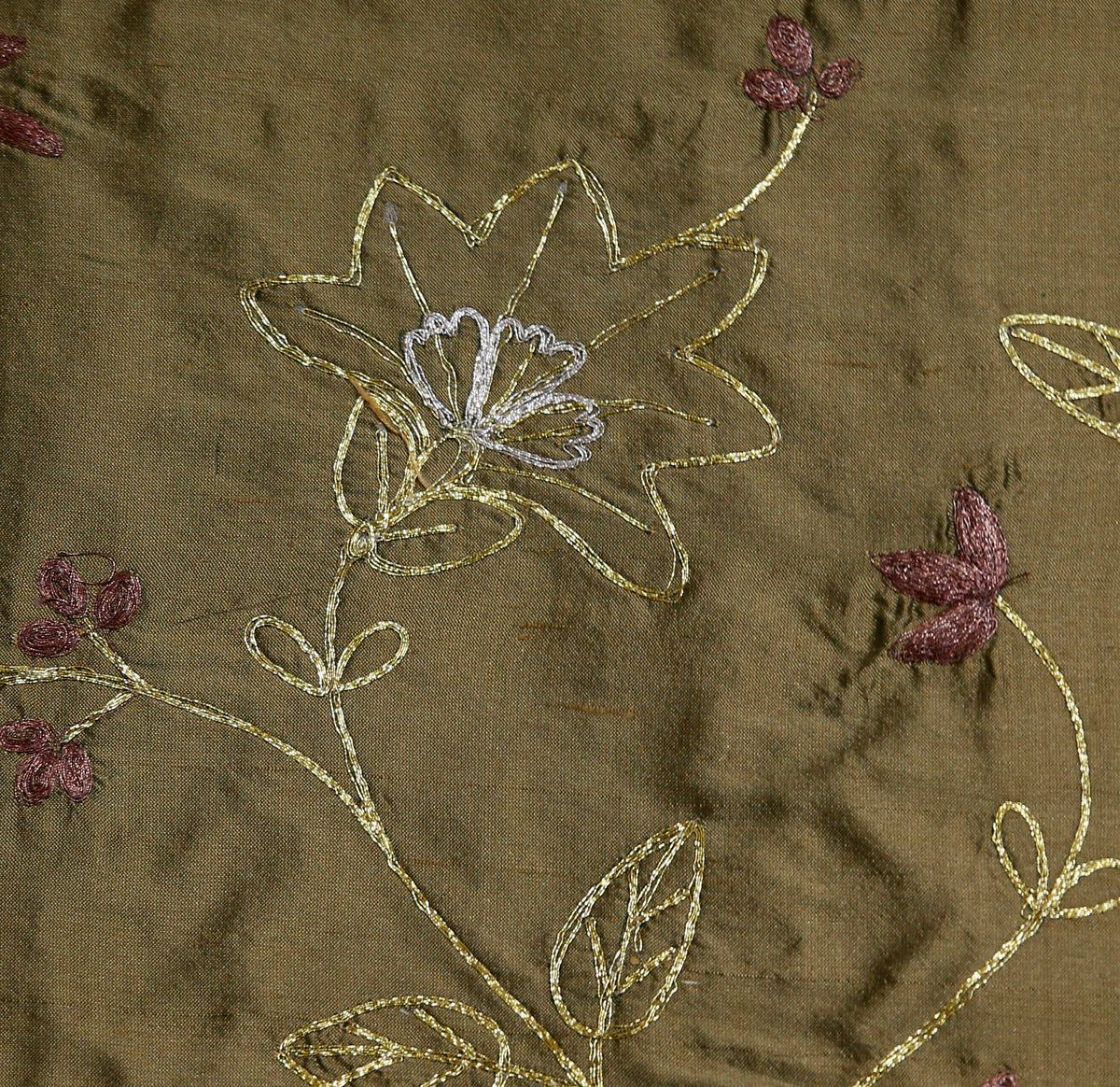 Su/1033 silk upholstery fabric swatch in olive with gold floral embroidery