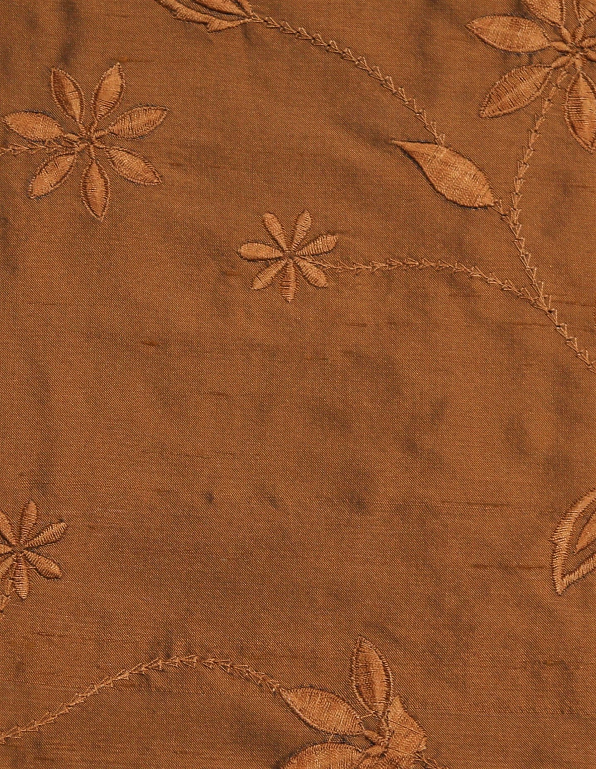 3251 polysilk upholstery fabric swatch in rust with tonal floral embroidery