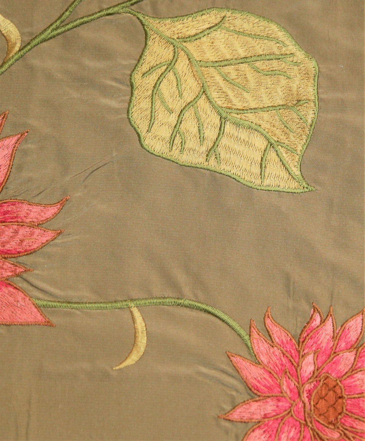 Olive-taupe silk upholstery fabric with an embroidered pink flower and leaf motif