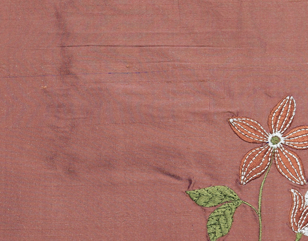 Dusty rose polysilk upholstery fabric with scattered tone-on-tone leaf and flower embroidery