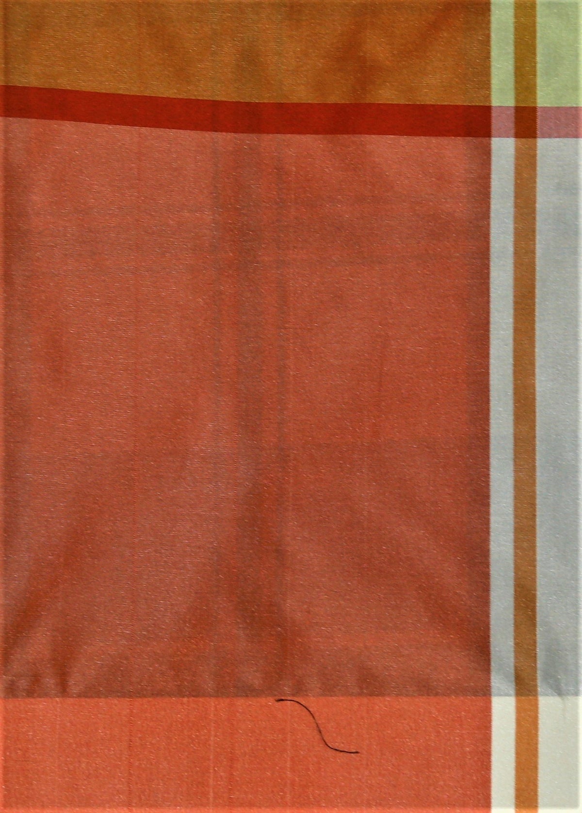 Big-check silk fabric with a solid coral-orange panel bordered by rust, gold, sage, and grey stripe lines