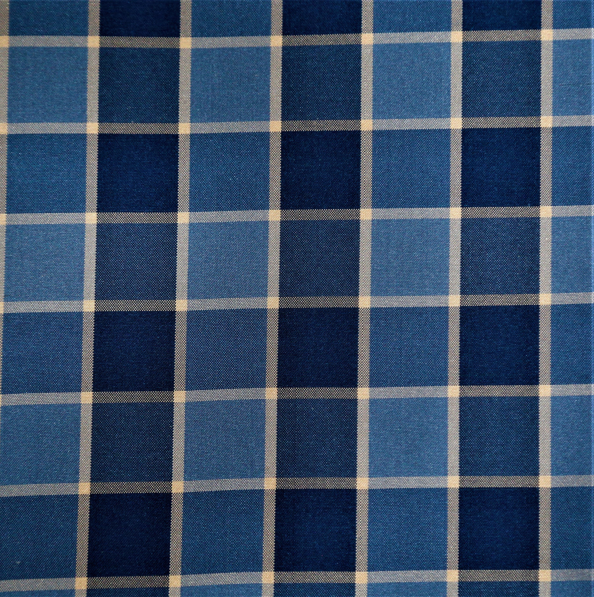 Navy and steel-blue windowpane check silk fabric with cream pinstripes