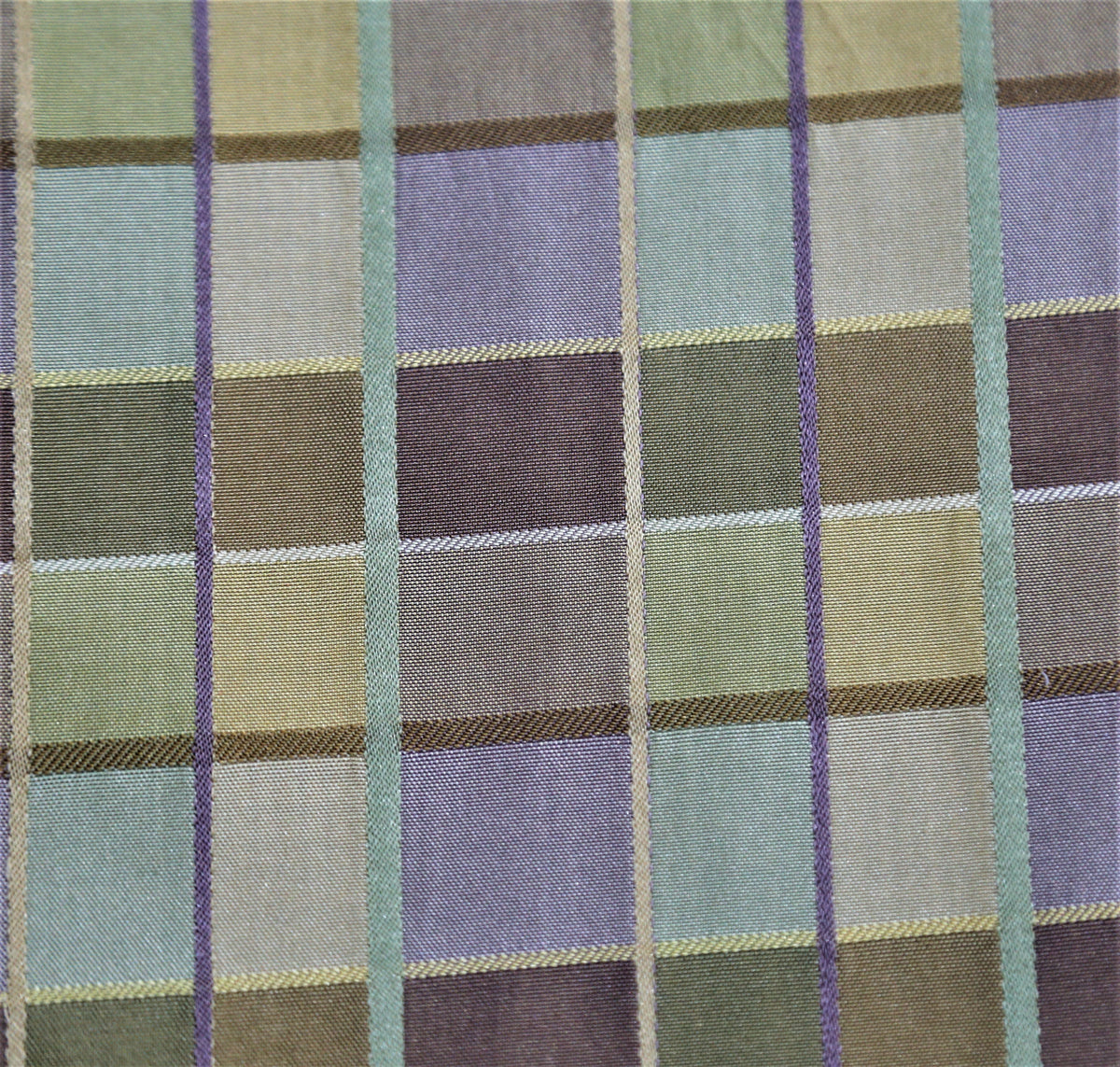 Satin plaid silk upholstery fabric swatch in pale indigo, sage and cream