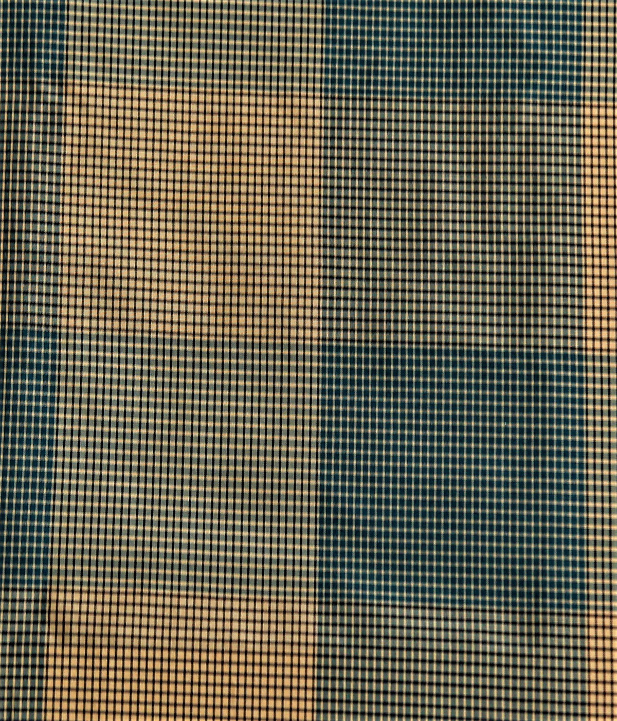Tan-gold and dark teal windowpane check silk fabric with fine pinstripe grid lines