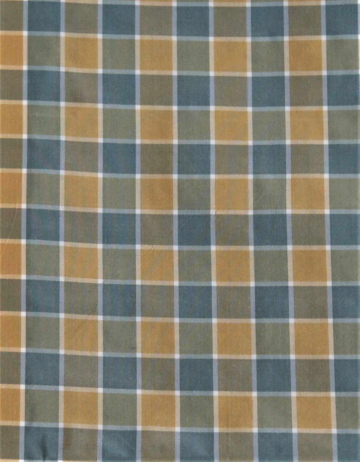 Zena check silk fabric in steel teal-blue-green and gold-tan interlocking windowpane blocks