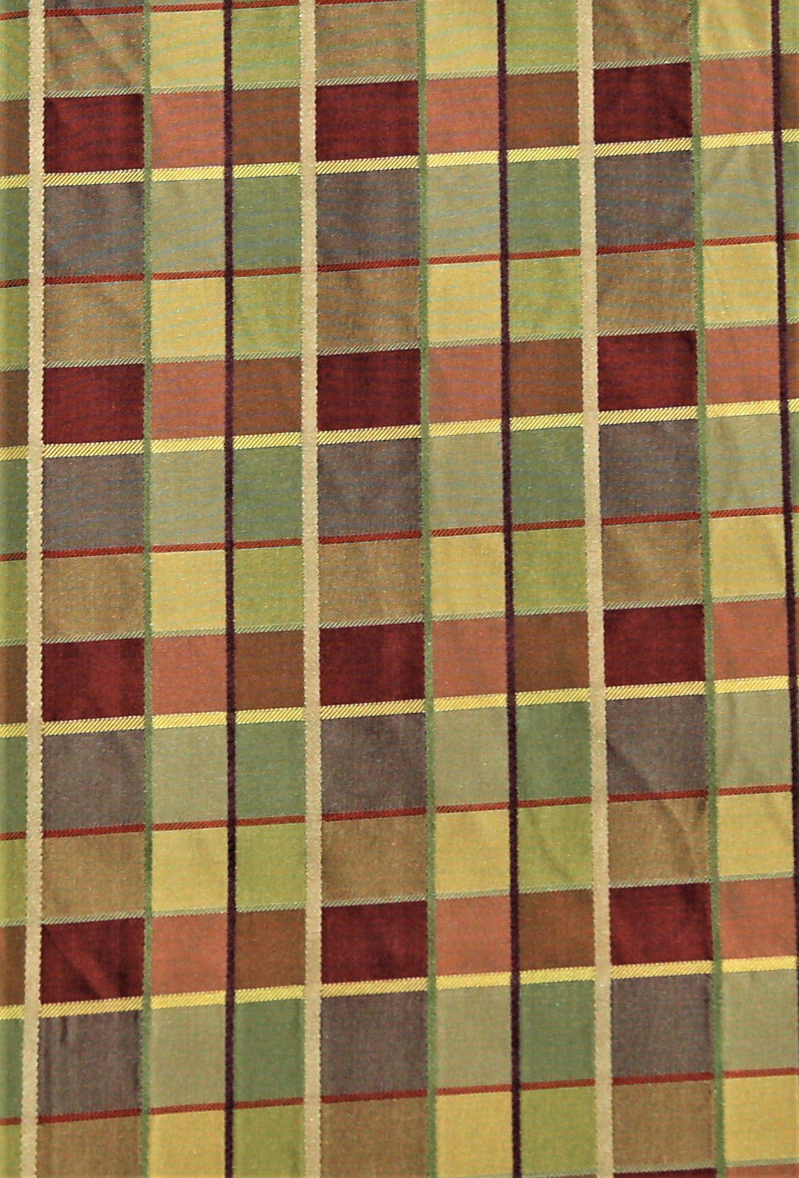 Satin plaid silk upholstery fabric swatch in wine, olive and gold
