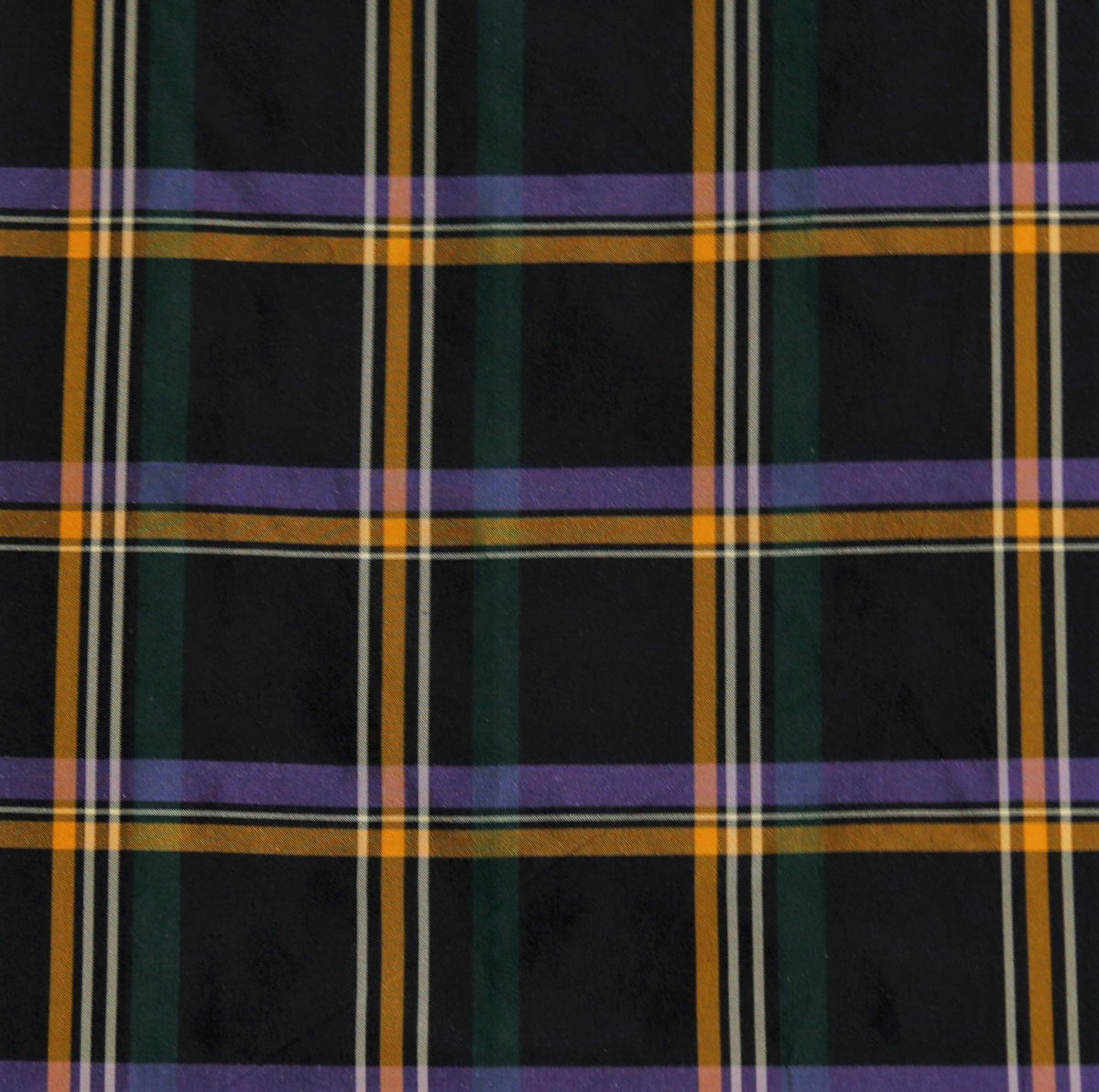 Tafeta check polysilk fabric in charcoal-black with purple, mustard-gold, and dark green tartan pinstripes