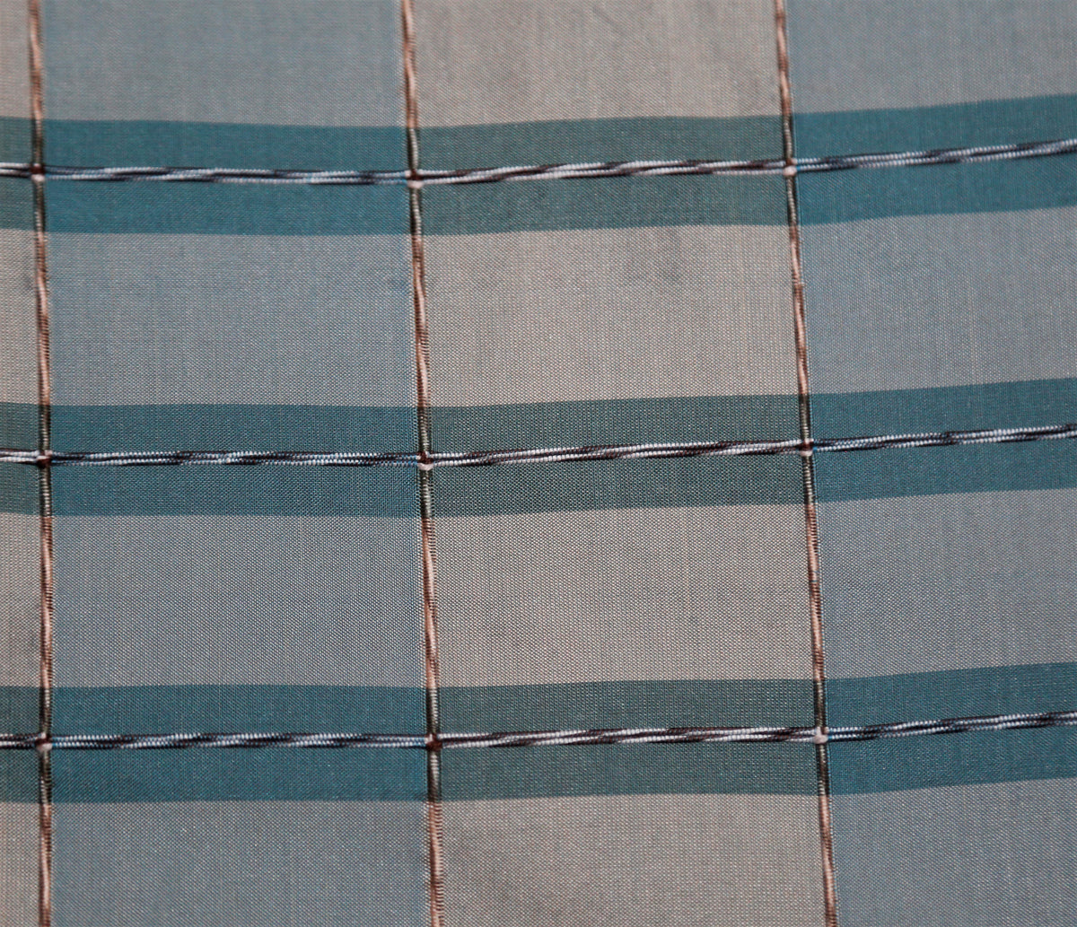 Firenze rib silk fabric in teal-grey and slate windowpane check with fine metallic ticking pinstripes