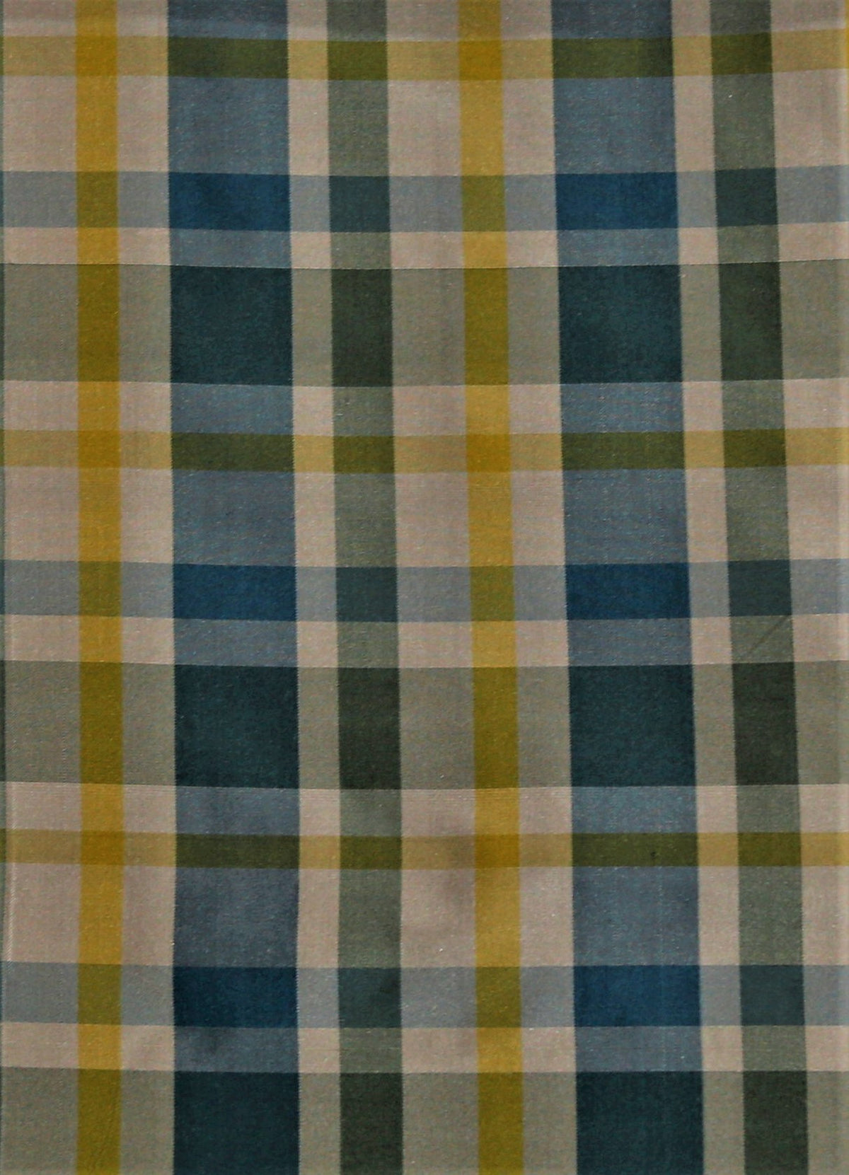 Louisiana pattern silk fabric in a navy-blue, teal-green, and mustard-gold plaid check with cream grid lines