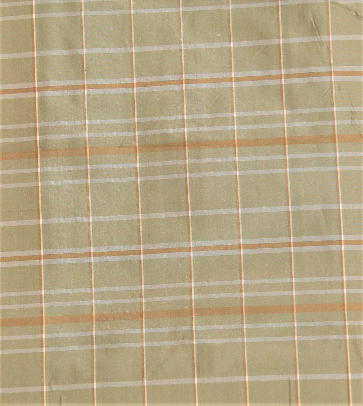 Tafeta check silk fabric in sage-green with cream and rust-orange pinstripe grid lines