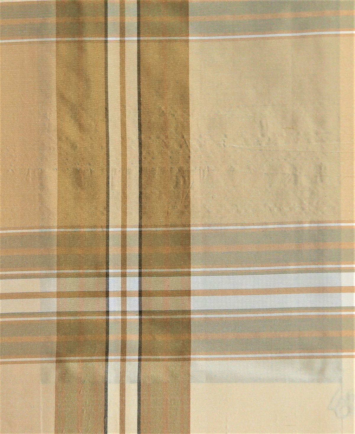 Big check silk fabric in beige and tan large-scale check with navy pinstripe accents