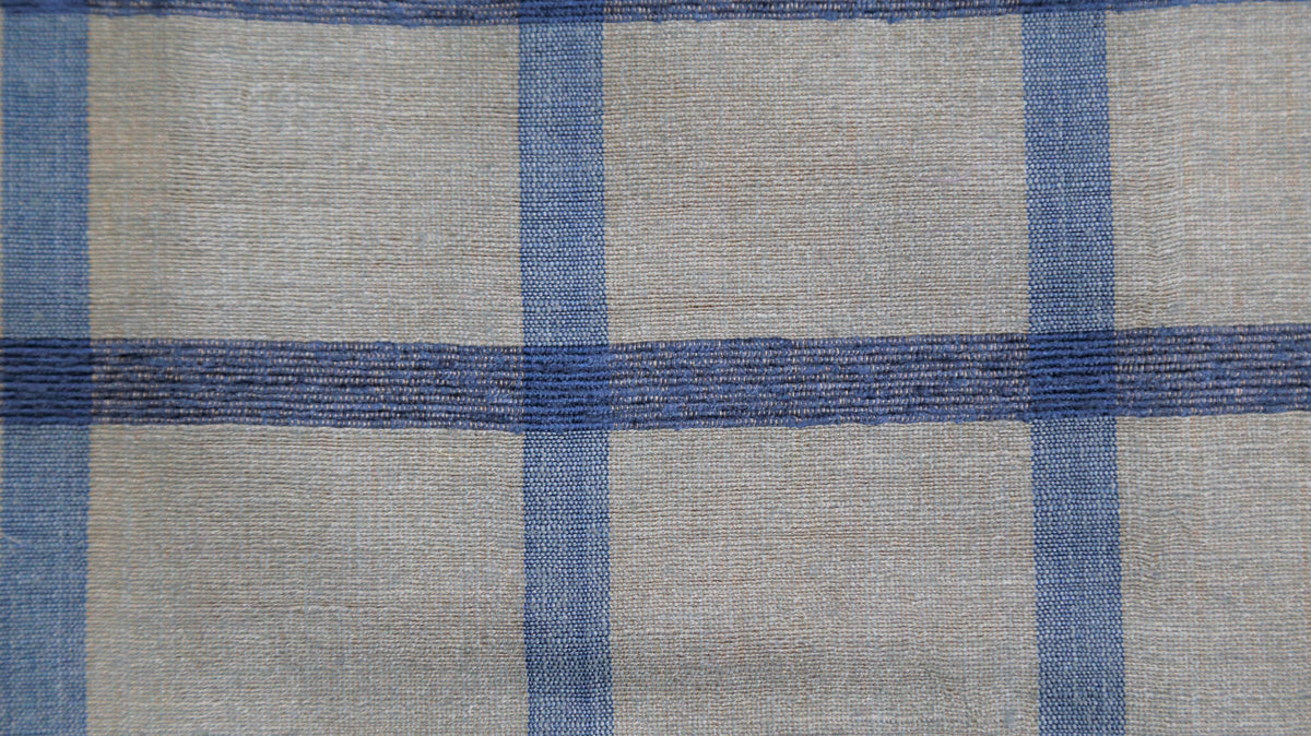 Scheme silk-linen fabric in grey-taupe with a bold cobalt-blue windowpane grid