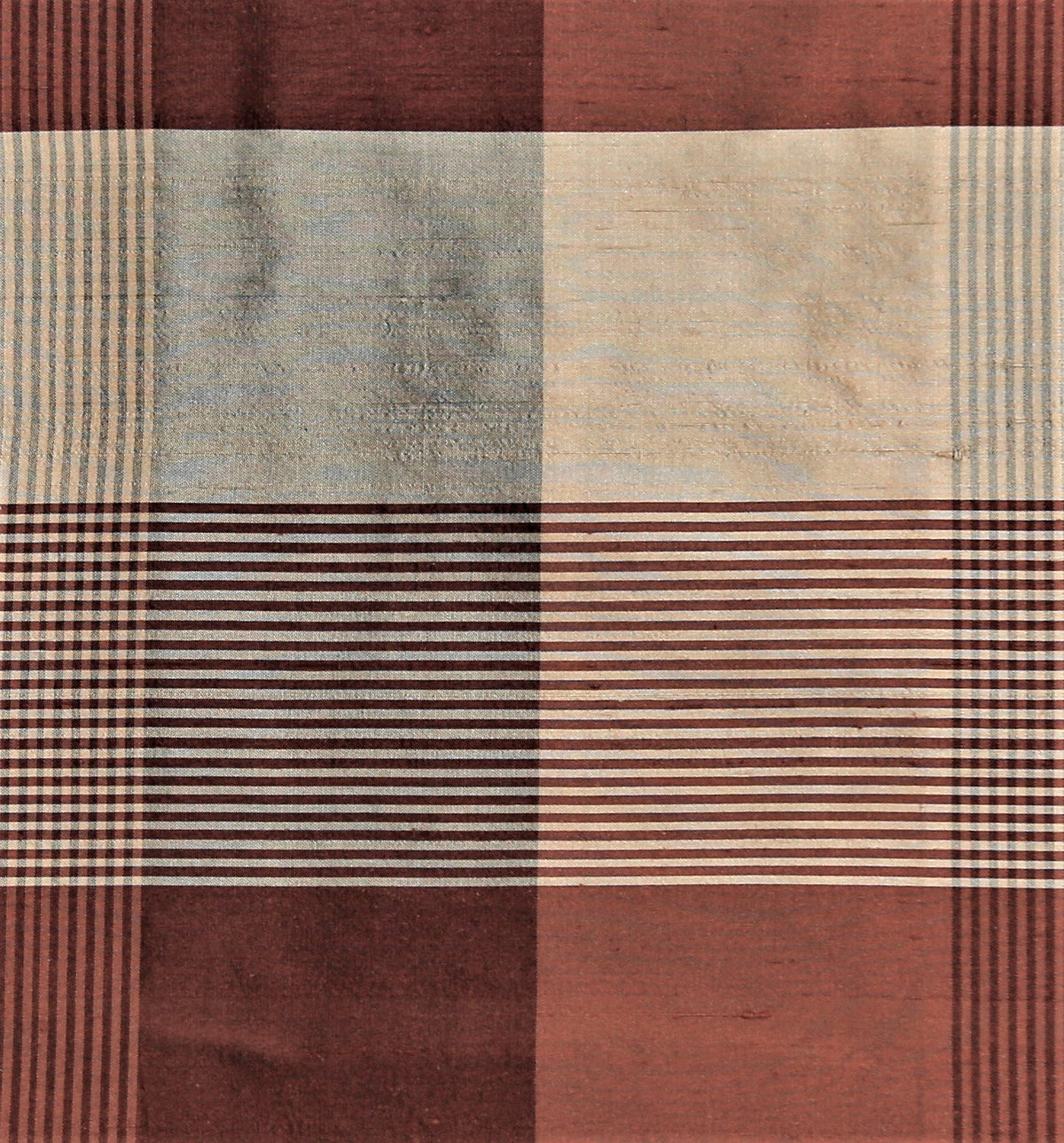 Topaz check silk fabric in rust, maroon, and pale cream colour-block panels with a fine pinstripe rib section