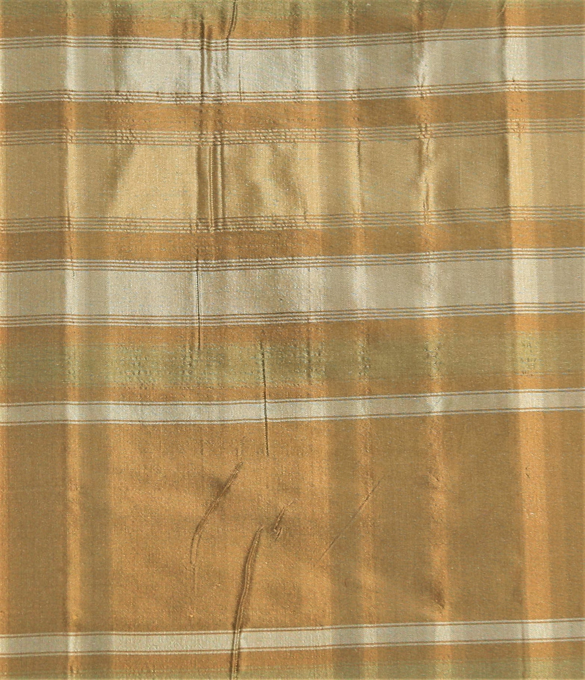 Swin check silk fabric in golden-tan windowpane check with white pinstripes and a sage-green accent band