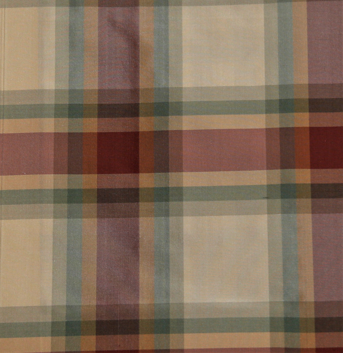 Cream and tan polysilk upholstery fabric with a mauve-burgundy and sage-green windowpane check
