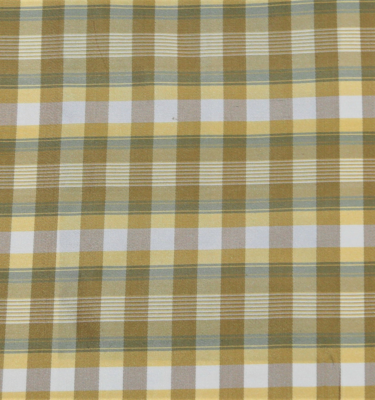 Gold, olive, and white silk upholstery fabric in a windowpane check with a fine grey pinstripe