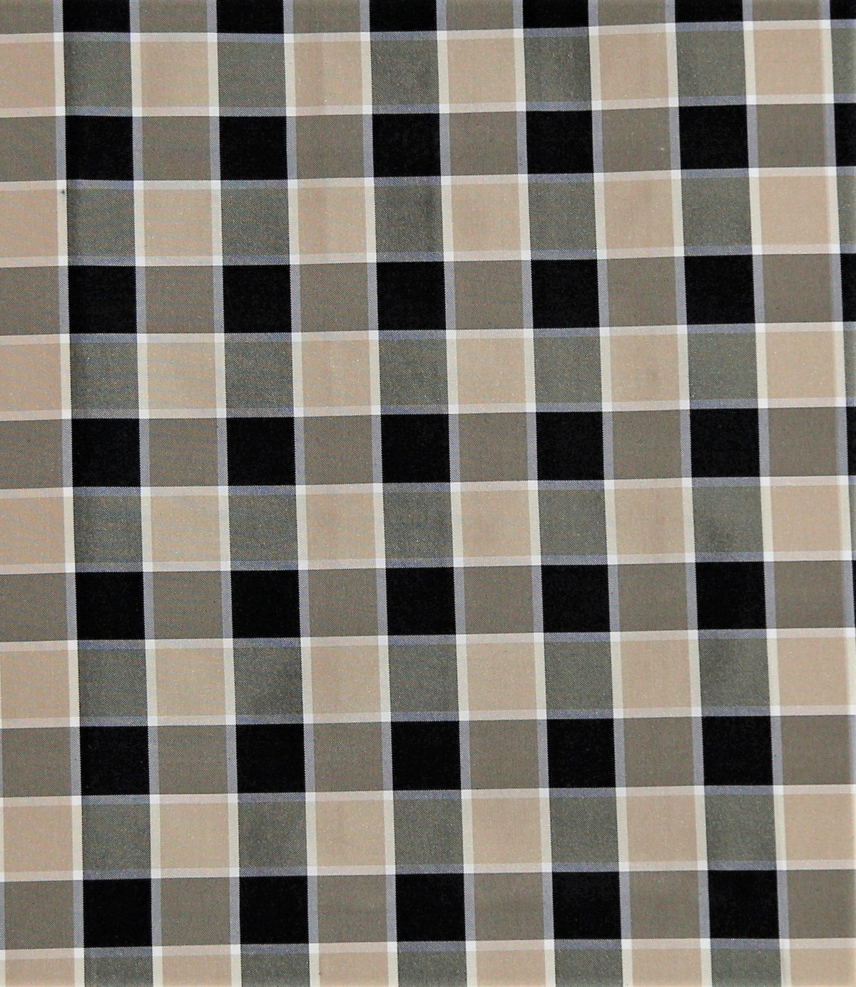 Black, grey, and cream silk upholstery fabric in a windowpane check