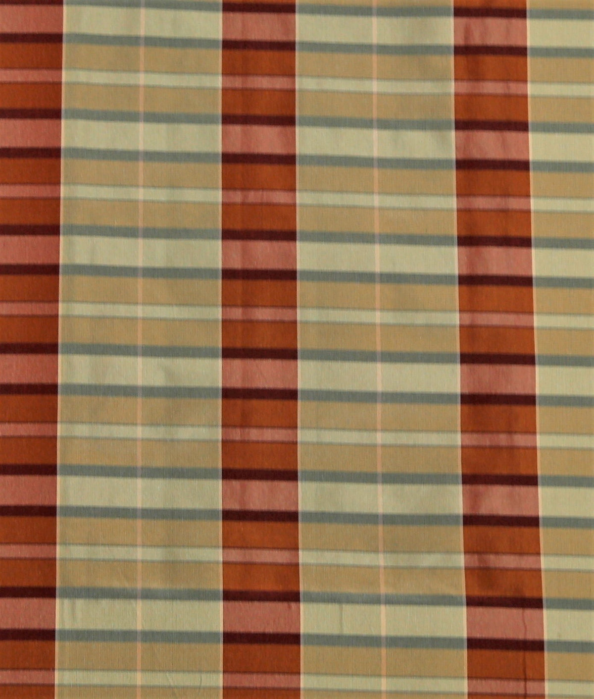 Rust, beige, and dusty blue striped silk upholstery fabric with a fine maroon pinstripe
